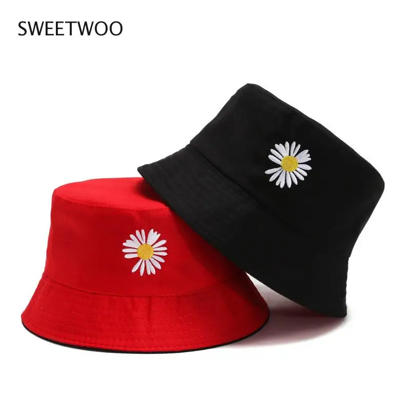 Spring women Bucket fishing Hats Sunscreen sun cap Little daisies Double-sided wear Spring lady fisherman hat