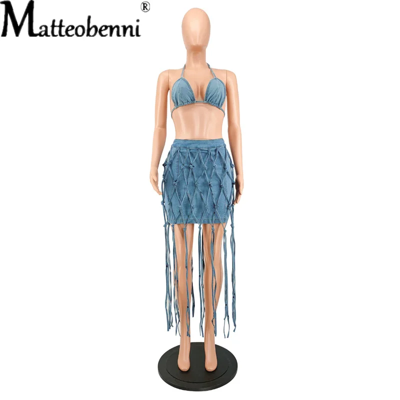 2021 Women Denim Skirt Sets Halter Neck Sleeveless Bra Tops + Bandage Tassels Skirt Lady Bodycon Nightclub Dresses Hot Summer