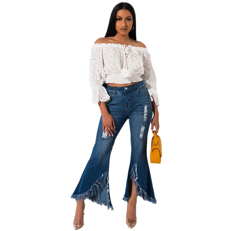 Fashion Hole Jeans Woman 2021 Skinny Denim Trousers Ripper Women Female Stretch Cotton Wide Leg Flare Pants Streetwear Plus Size