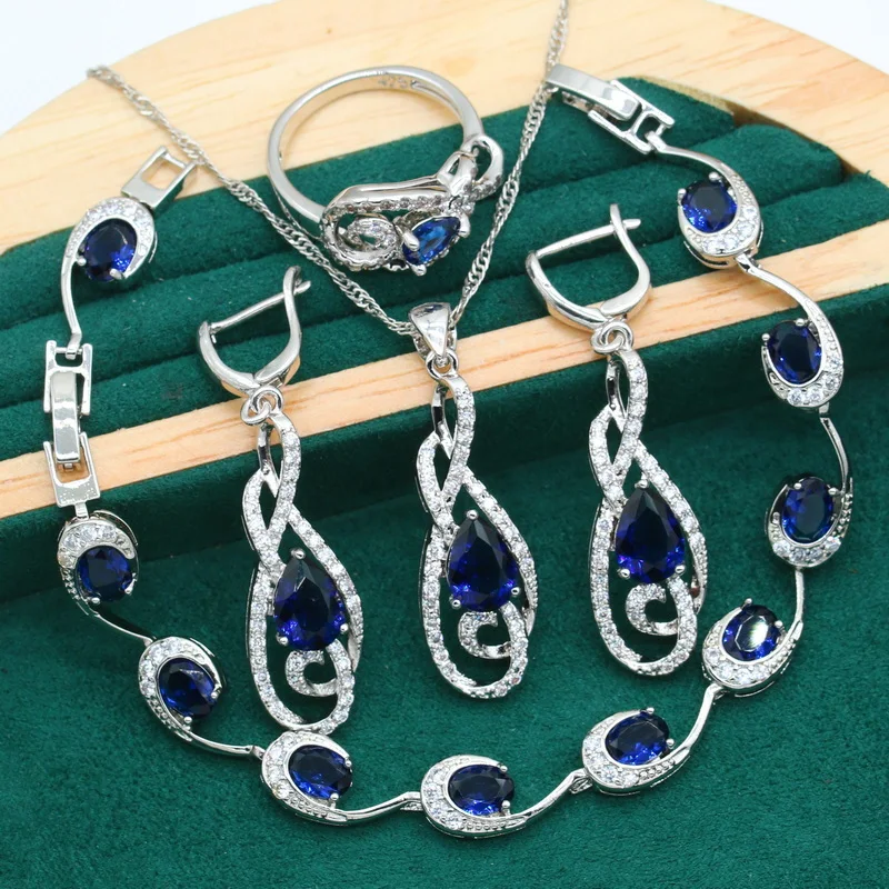 Silver Color Jewelry Set for Women Wedding Bride Blue Green Zircon Bracelet Pierced Earrings Necklace Ring Christmas Gift