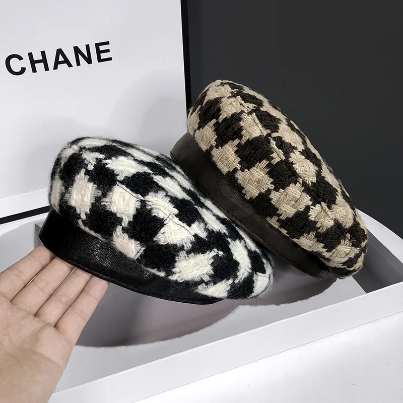 Autumn and winter Women's wool knitted Beret hat Mosaic design leather border bud cap Fashion tartan painter's hat