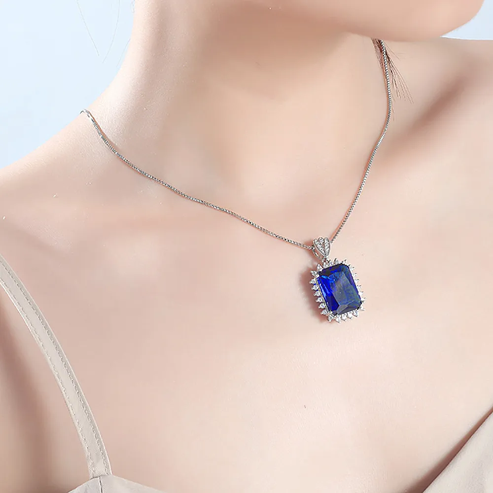 

Luxury square blue crystal sapphire gemstones diamonds pendant necklaces for women white gold silver color jewelry bijoux gifts