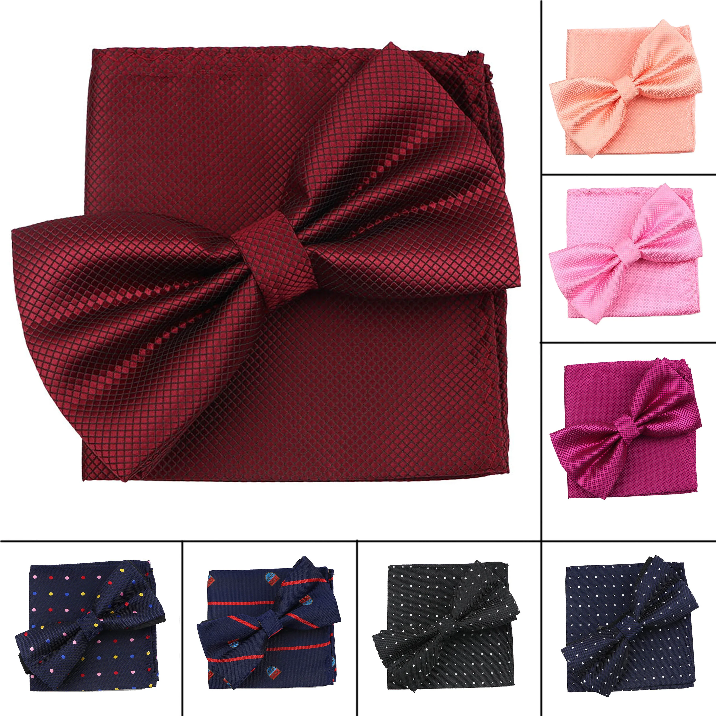 

Fashion Mens Dot Solid Bowtie Pocket square Set Vintage Purple Red Black Bule For Mens Fomal Business Wedding Party 2PC Gift