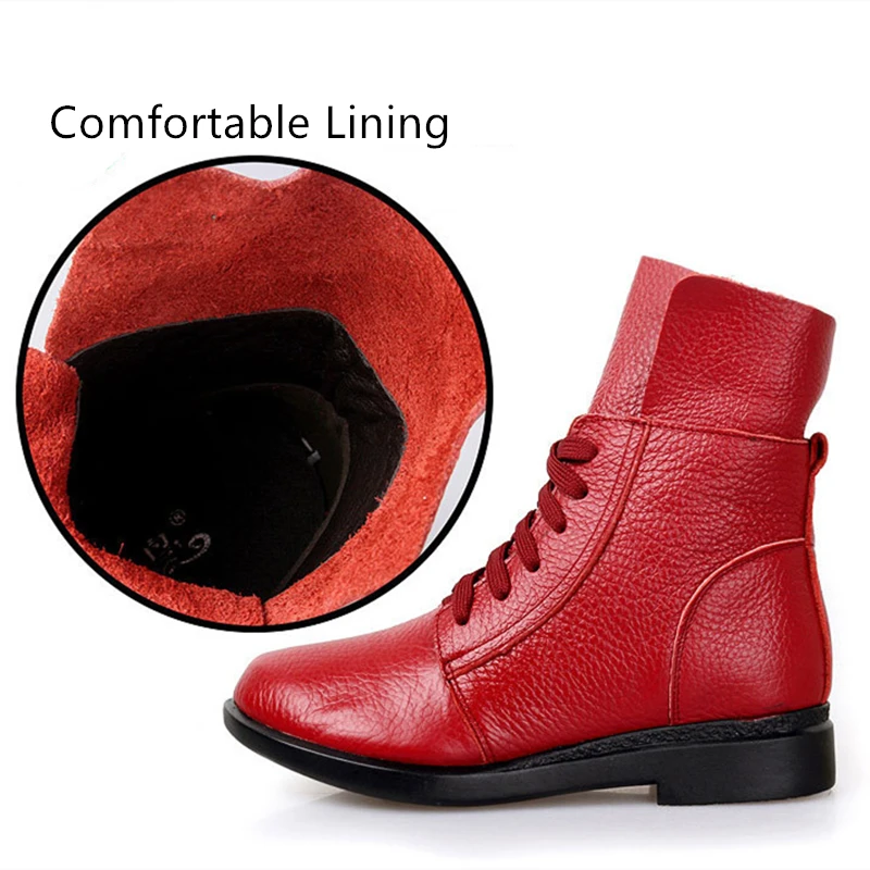 WOIZGIC Women\'s Female Ladies Mother Genuine Leather Shoes Ankle Boots Lace Up Autumn Warm Zapatos Mujer Size 35-40 FXN-1526