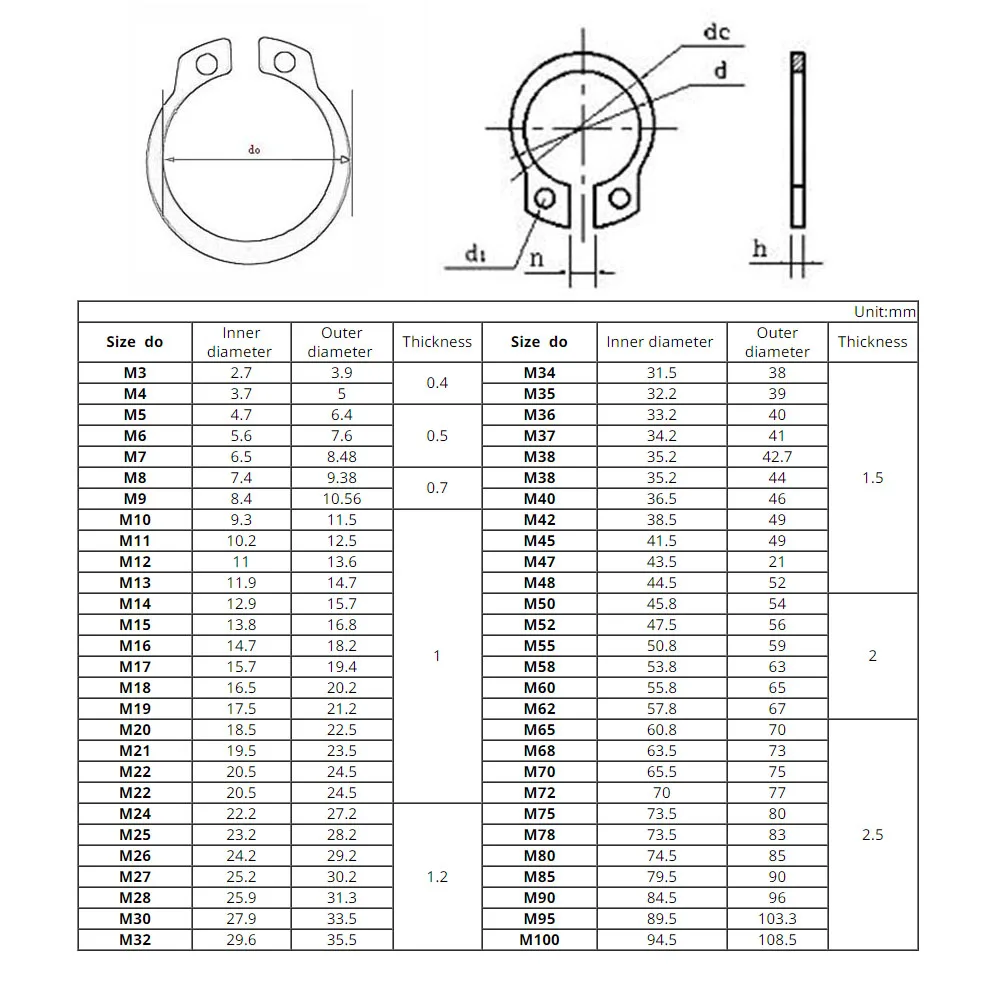 External Retaining Rings 304 Stainless Steel Clamp Spring Circlip Set M3-M150