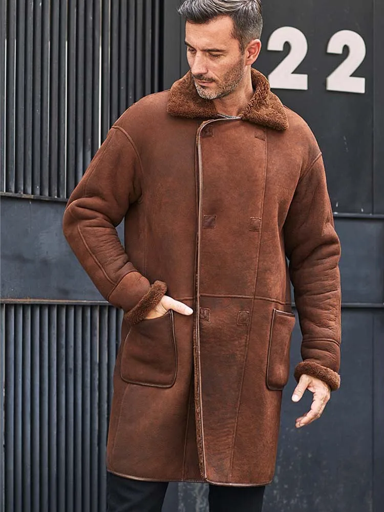 

New Turkey Shearling Coat Mens Brown Leather Jacket Long Trench Overcoat Winter Fur Outwear