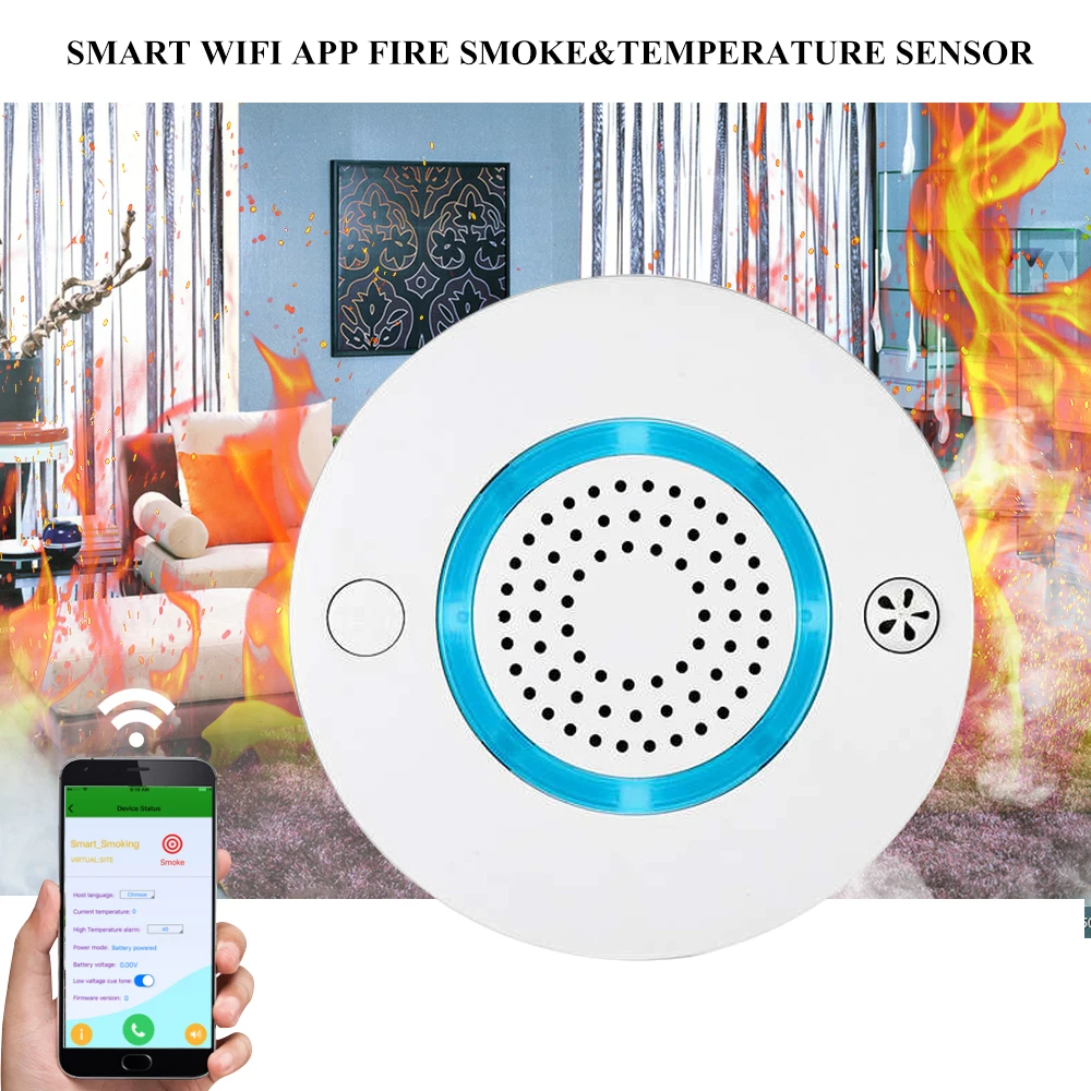 Smart Wireless WIFI+APP Fire Smoke & Temperature Sensor Wireless Smoke Temperature Detector Home Security Alarm System