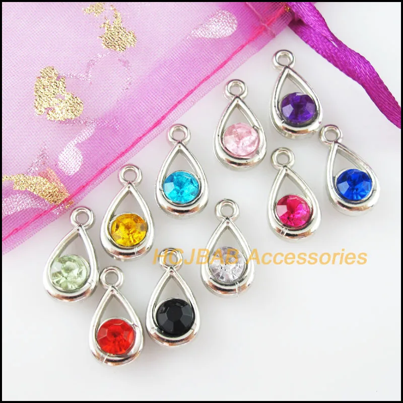 30 New Teardrop Charms Dull Silver Plated Mixed Crystal Frame Pandants 9.5x17.5mm