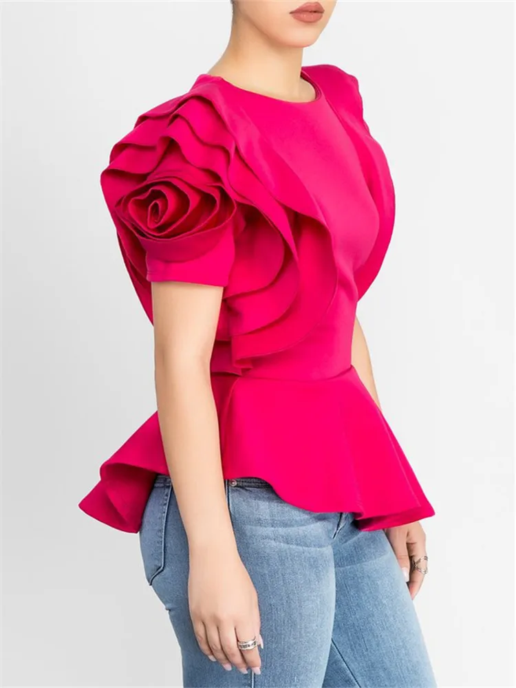 Elegant Lotus Hem Shirt for Women, Petal Sleeve, Real Blusa Tops, Korean Blouse, Plus Size,  Summer,