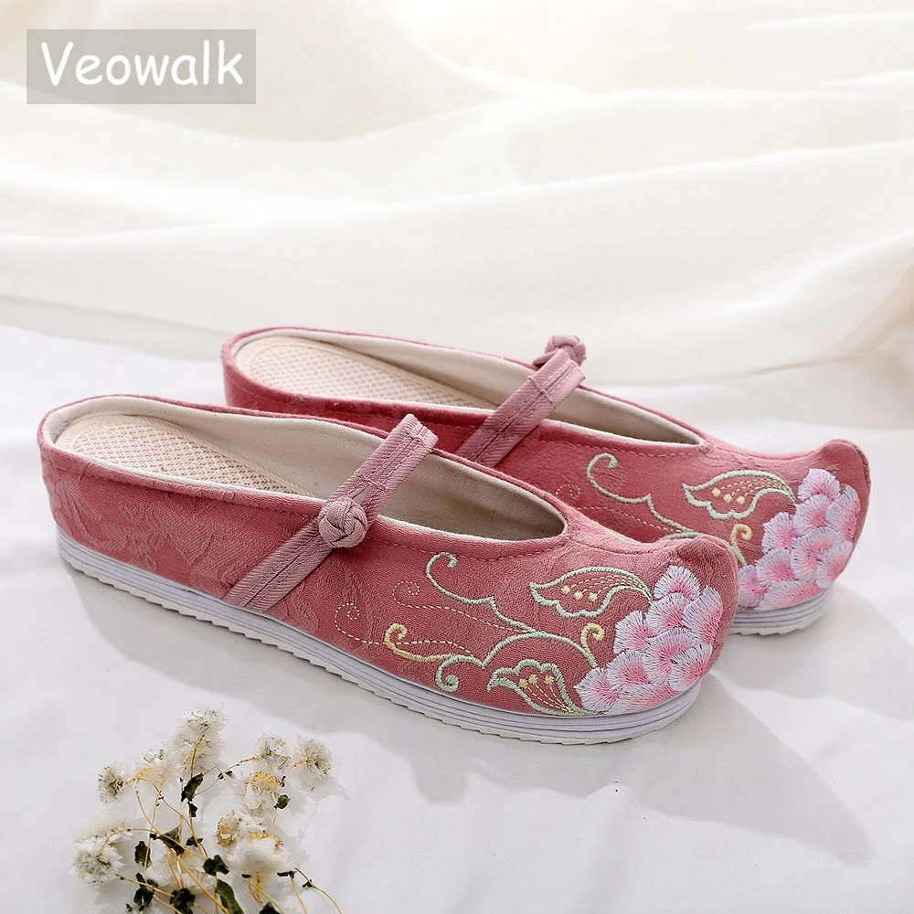 Veowalk Retro Embroidered Women Jacquard Wedge Slippers Mules Summer Ladies Soft Comfortable Hanfu Sliders Shoes Platforms