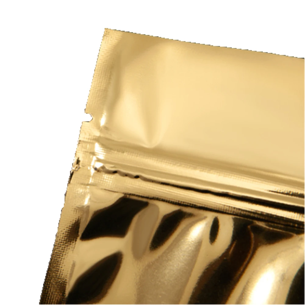 100Pcs Gold Aluminum Foil Clear Bag Zip Lock with Hang Hole Stand Up Tear Notch Reusable Food Nut Candy Packaging Pouches