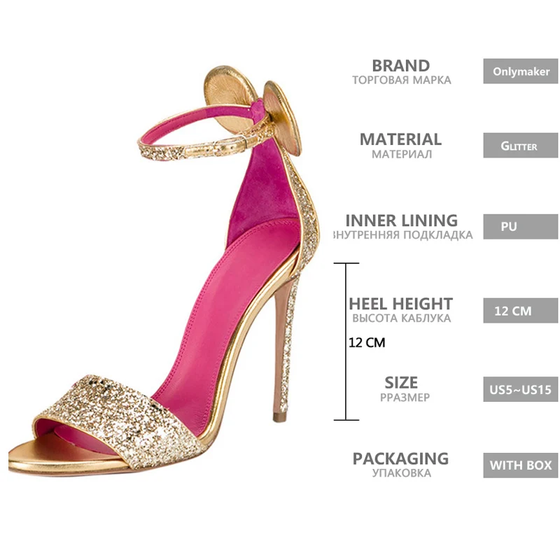 Onlymaker Woman Shoes Peep Toe BlingThin High Heels Bridal Shoes With Glitter Luxury Gold 12cm Wedding Shoes Big Size  Sandals