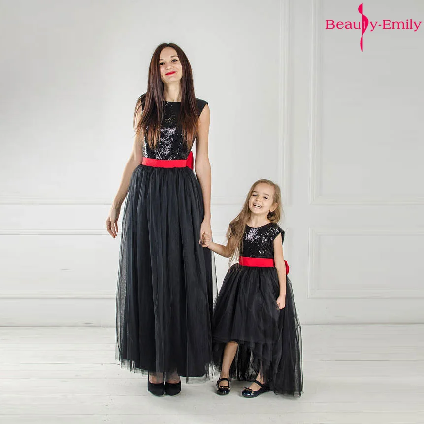 Beauty-Emily Mother Flower-Girl Dresses Tulle O Neck Sleeveless Prom Party Dress Sequins Mother Daughter Dress robe de soiree