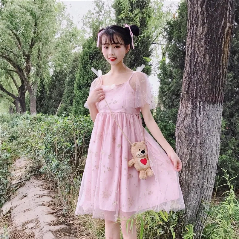 Japanse Stijl Zoete Meisje Fairy Mesh Jurk Vrouwen 2021 Zomer Nieuwe Geborduurde Jarretel Jurk Lolita Jurk Fairy Kei Loli