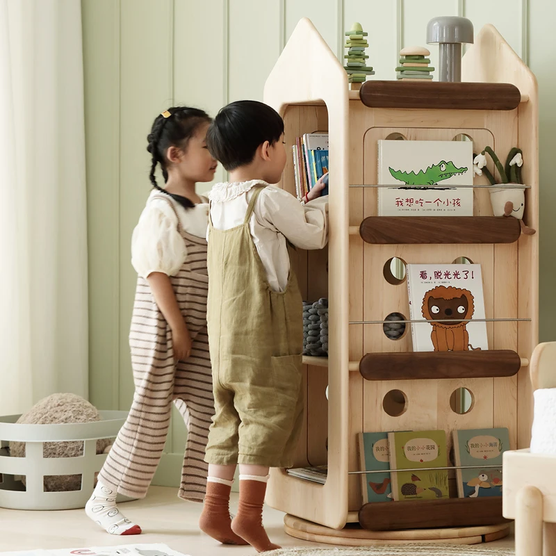 GY Cheese Castle Rotating Bookshelf Solid Wood 360-Degree Multi-Layer Bookcase Nordic Children's Picture Book Rack