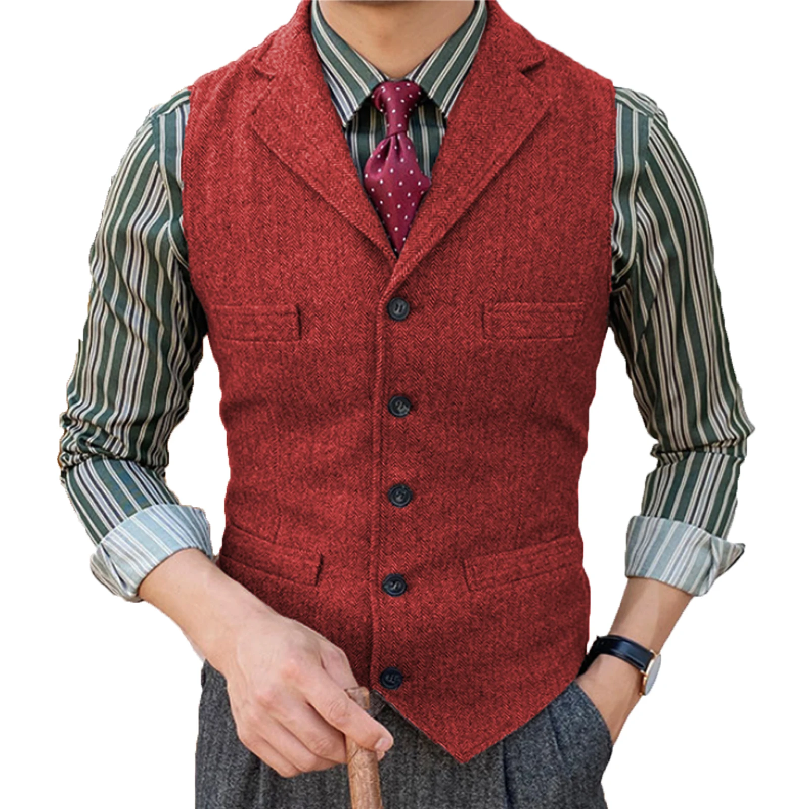 Waistcoat Men Suit Vest Lapel V Neck Wool Houndstooth Casual Formal Business Vest Groomman For Wedding Prom Best Man