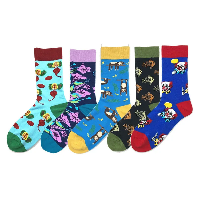 Colorful Men's Socks Cotton Cute Monkey Fish Pattern Fashion Streetwear Novelty Clown Flower Funny Happy Combed Cotton Socks Men