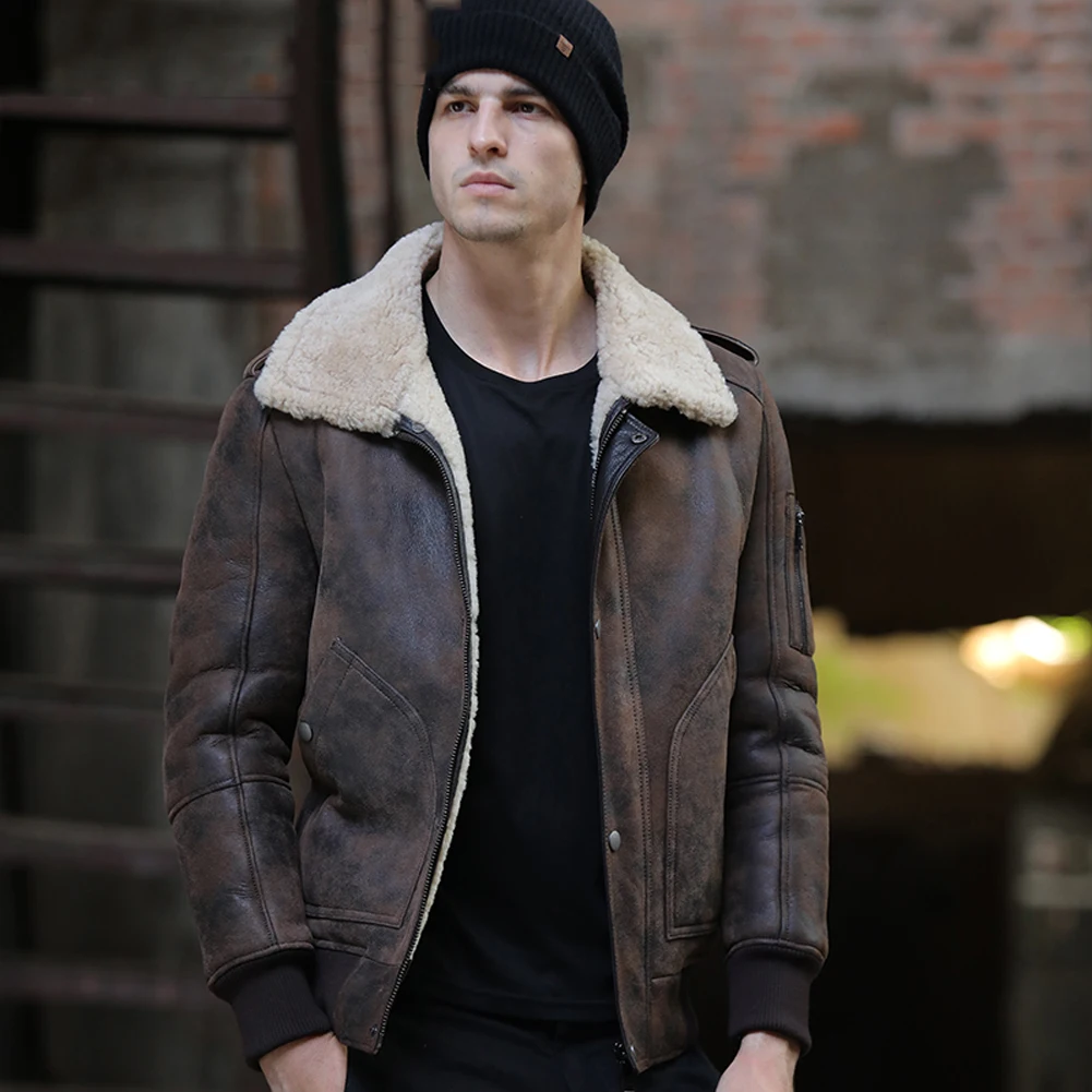 

2019 New Mens Shearling Jacket B3 Flight Jacket Sheepskin Coat Short Mens Fur Coat Leather Jacket