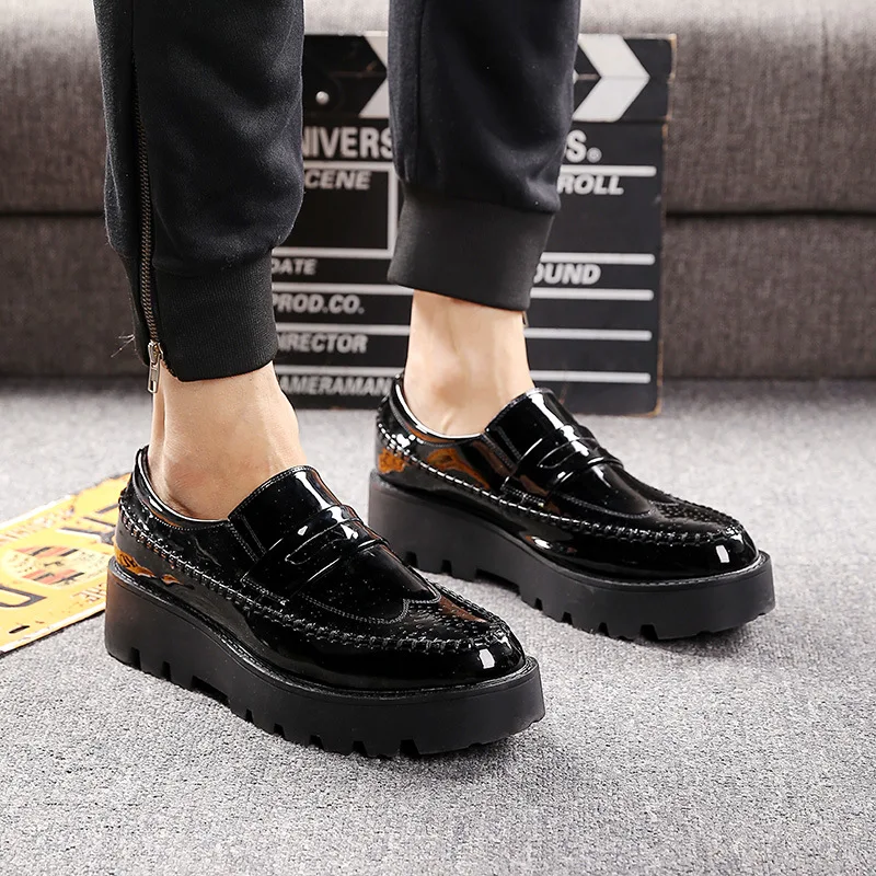 mens casual business wedding formal dresses black platform shoes slip-on lazy shoe oxford patent leather loafers chaussure homme