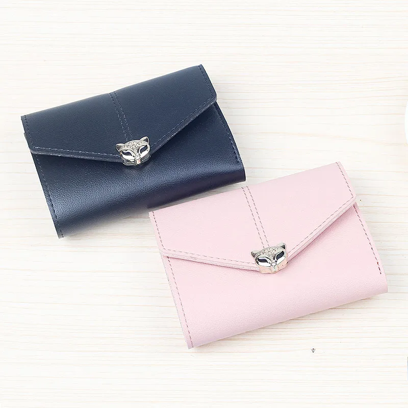 

Fashion Short Little Fox Head Three-folding Female Wallet with Lychee Pattern Simple Fashion Buckle PU Wallet Card Holder