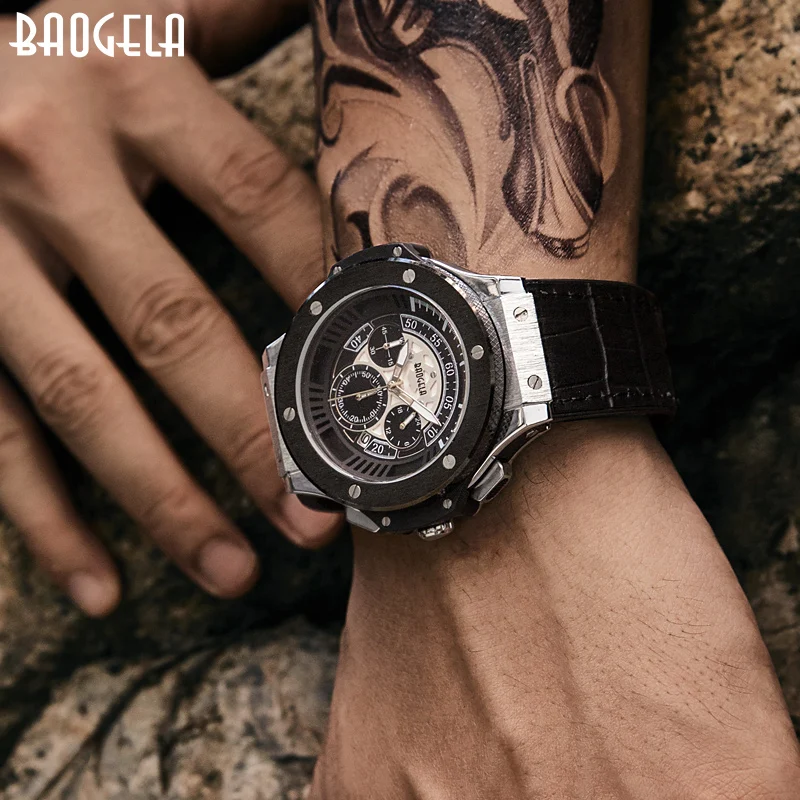 BAOGELA Brand Men Watch Quartz Watch Gold Rubber Band 3ATM Water Resistant Chronograph Mens Quartz Wrist Watch 1910