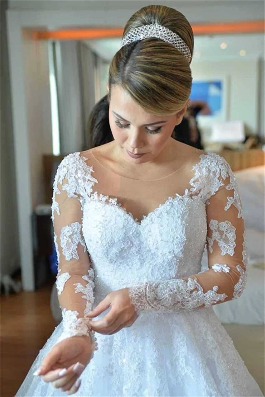 Robes de mariée à manches longues avec appliques en dentelle blanche, ligne A, tulle perlé, robes de mariée bon marché, quelle que soit la robe de mariée