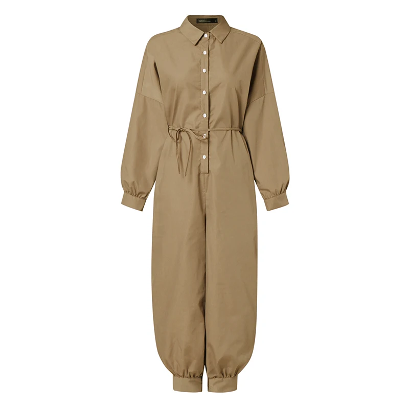 Women Long-sleeved Belt Cargo Jumpsuit 2023 Lapel Solid Color Casual Jumpsuit S-5XL New Women Retro Autumn Button Work Clothes