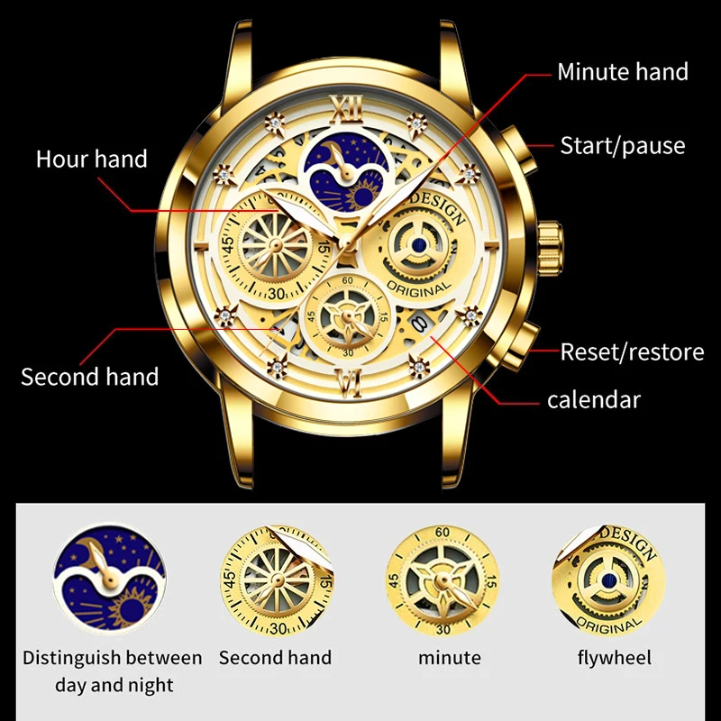 2023 New LIGE Sport Men Watch Top Brand Luxury Gold Stainless Steel Quartz Wrsit Watch Men Fashion Hollow Waterproof Chronograph