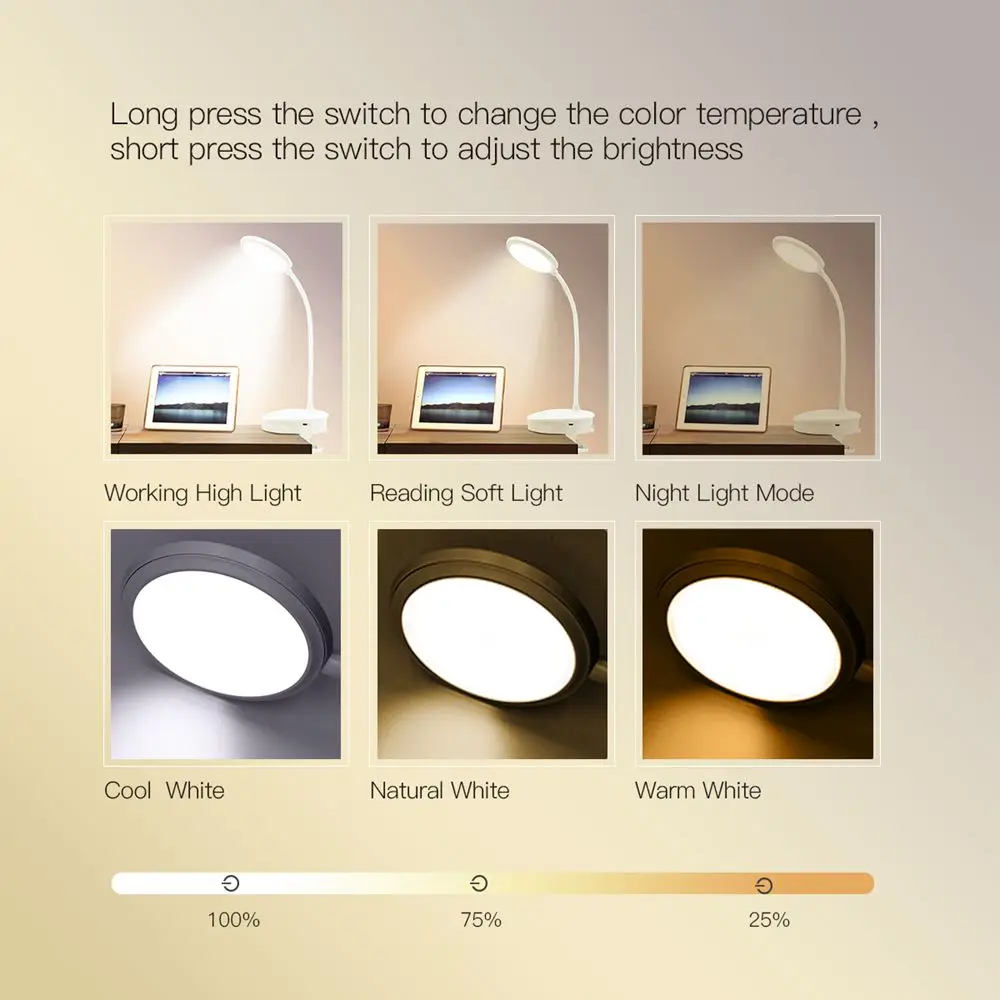 USB Rechargeable Led Clamp Desk Lamp Gooseneck Touch Dimming Clip On Reading Light For Book Bed and Computer 3 Color Modes