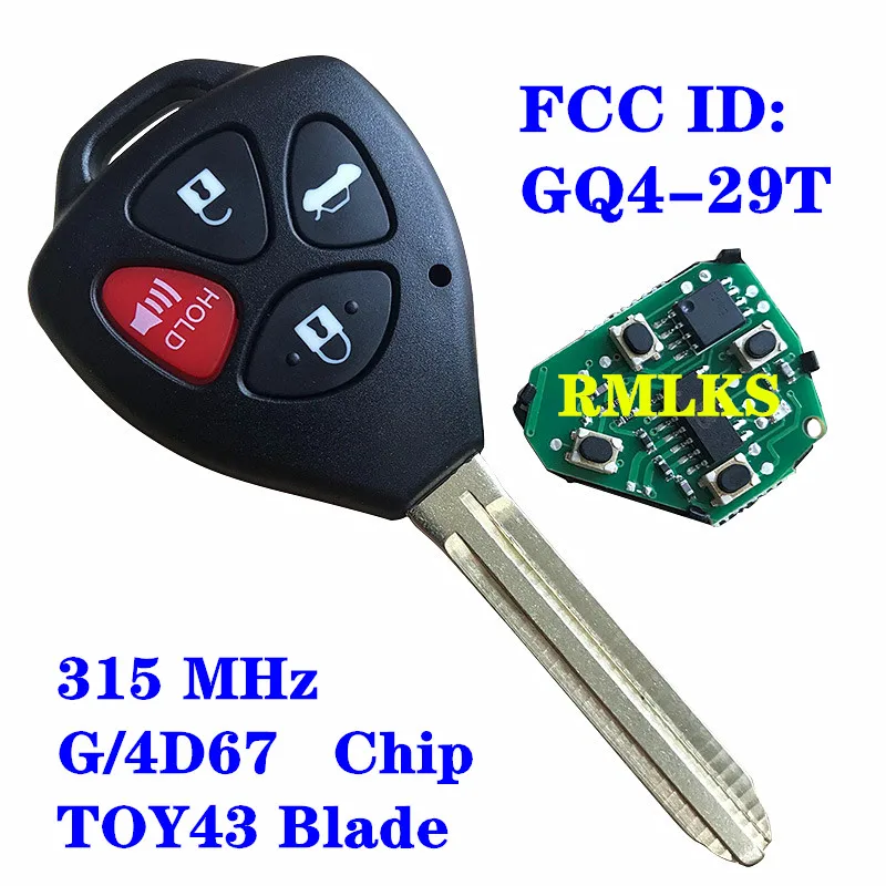 

4 Buttons 315MHz G 4D67 Chip Remote Key Fob For Toyota Venza Corolla Avalon 2010 2011 2012 2013 FCC: GQ4-29T