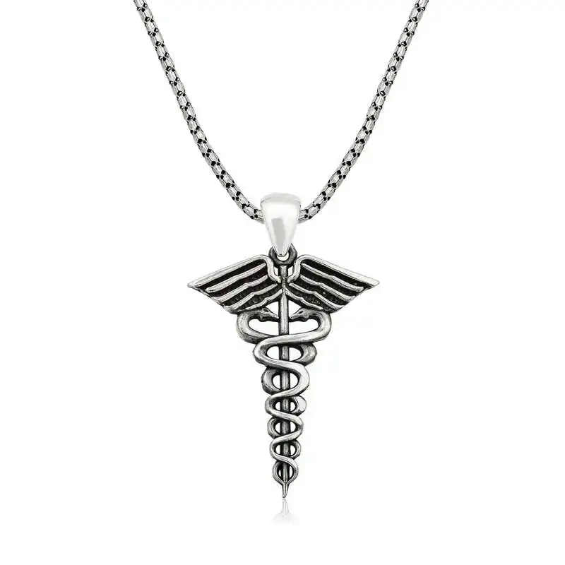 Silver Medical Symbol Caduceus Men's Necklace 925 Sterling Men Jewelry Wedding Party Birthday Gift - Box - Pendant - Chain chok