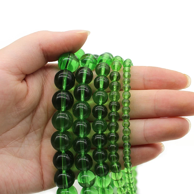 Natural Stone Smooth Green Glass Beads  Round Loose Spacer Beads for Needlework Jewelry Making 4-12mm DIY Bracelet Wholesale