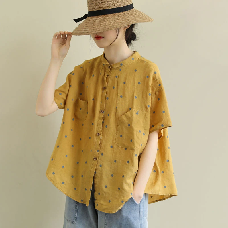 

2020 Summer New Arts Style Women Short Sleeve Loose Polka Dot Shirts all-matched Casual Turn-down Collar Vintage Blouses S891