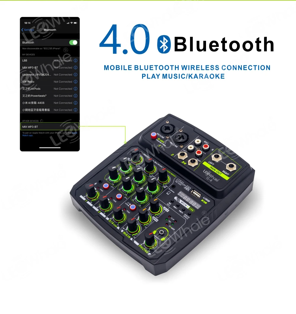 LEOwhale Mini 6 Channels Digital Audio Mixer Sound Mixing DJ Console with Bluetooth USB Record 48V Phantom Power Monitor