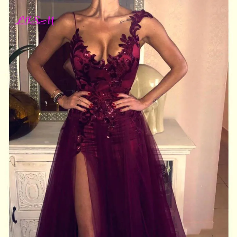 Burgundy Sequin Evening Dress 2024 Sexy Slit Skirt V-Neck Lace Appliques Glitter Prom Gowns Formal Dresses