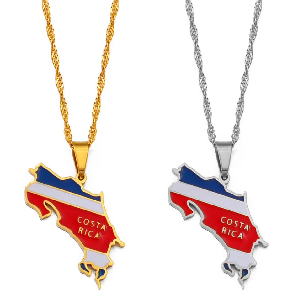 Anniyo Costa Rica Map Flag Charm Necklaces La Republica de Costa Rica Map Pendant Thin Chain #208721