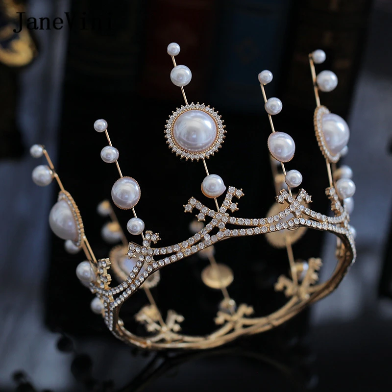 JaneVini 2020 Fashion Women's Tiaras and Crowns Pearls Baroque Princess Birthday Crowns Bridal Wedding Jewelry Hair Accessories