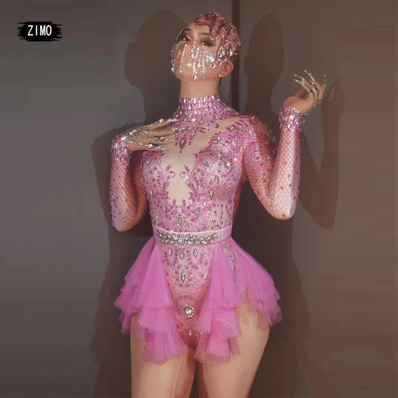 Stage Singer Show dance Leotard glitter Rhinestones pink red Ruffle long sleeve Bodysuit Women nightclub Prom concert costumes