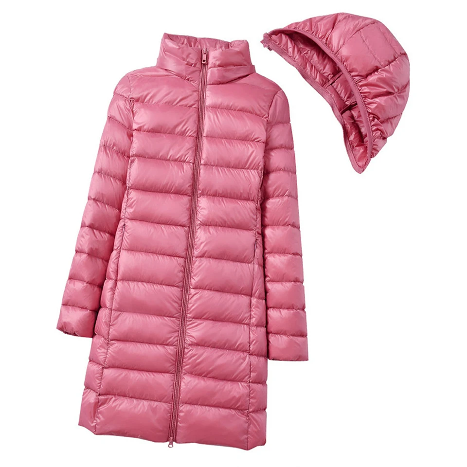 Women's Down Jacket Mid-Length White Duck Down Hood With Zipper Removable Hat Lightweight Ladies Warm Coat Fashion Casual Style