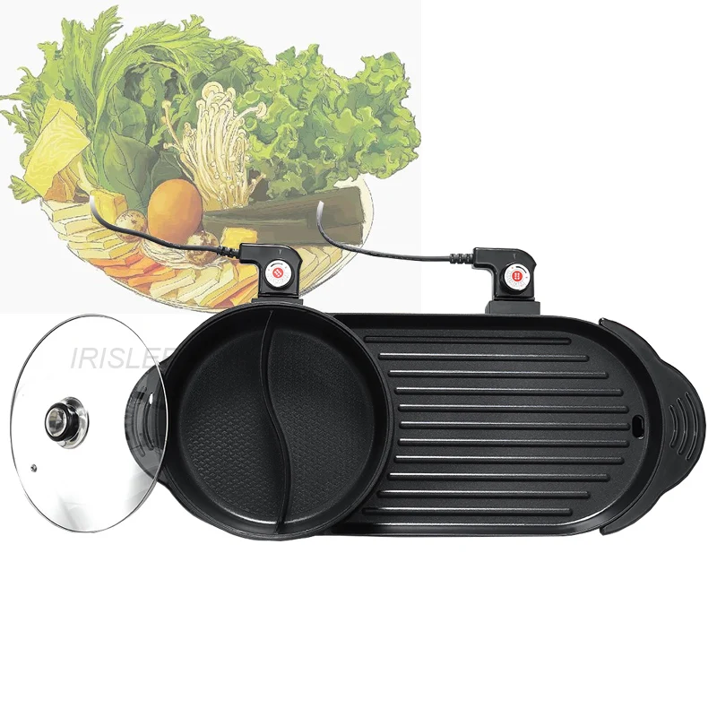 

2in1 Hot Pot and Electric Grill Indoor Baking Flat Pan Double-flavor Hotpot Smokeless Grill Barbecue Flat Griddle Egg Non-stick