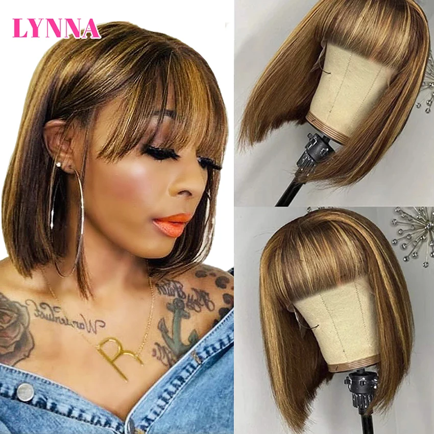 Highlight Bob Straight Wig With Bangs Full Machine Made Human Hair Wigs Short Bob Ombre Human Hair Wig Cheap Wig For Black Women