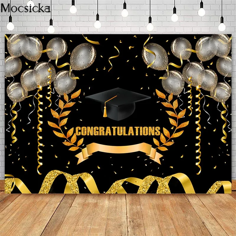 Mocsicka Graduation Backdrop Class of 2023 Photography Background Black Golden Celebration Party Silver Balloon Decoration Photo