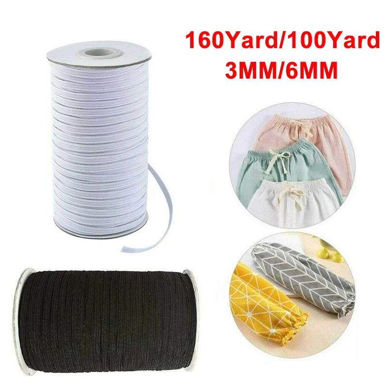 1 Roll 100/160 Yard 3mm/6mm DIY Braided Elastic Band White/Black Cord Knit Rope Webbing Garment Sewing Crafts Accessories