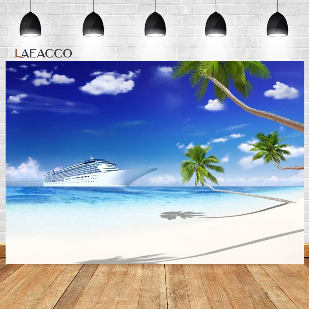 Laeacco-여름 해변 장면 사진 배경, 크루즈 선박 코코넛 나무 경치 좋은 배경 사진 스튜디오