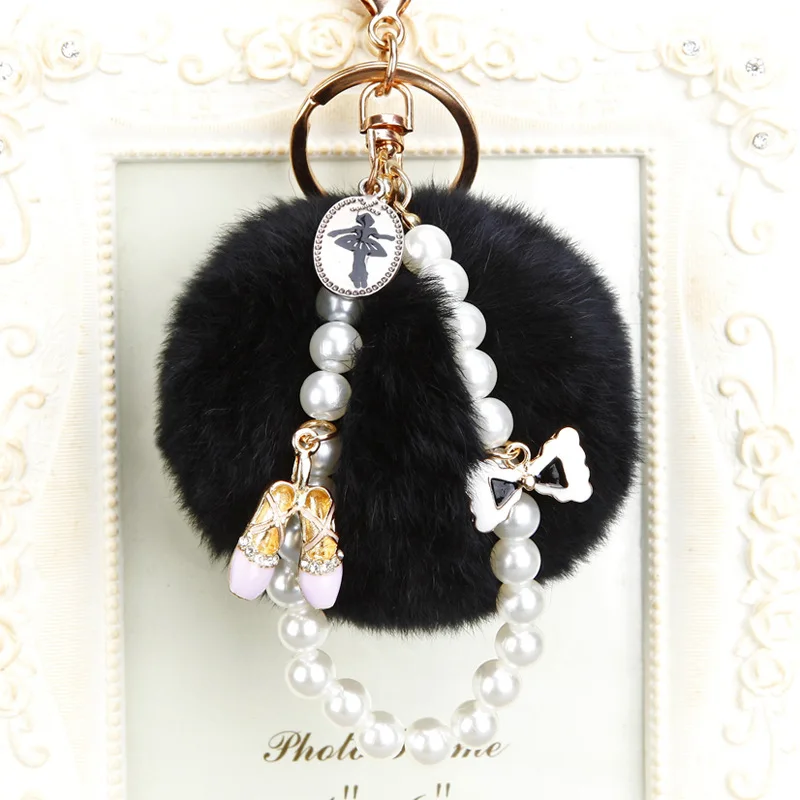 Fashion Faux Fluffy Crystal Bottle Bow Pompom Keychain Pearl Chain number 5 Women handBag Car Key Chain Ring Keychains Jewelry