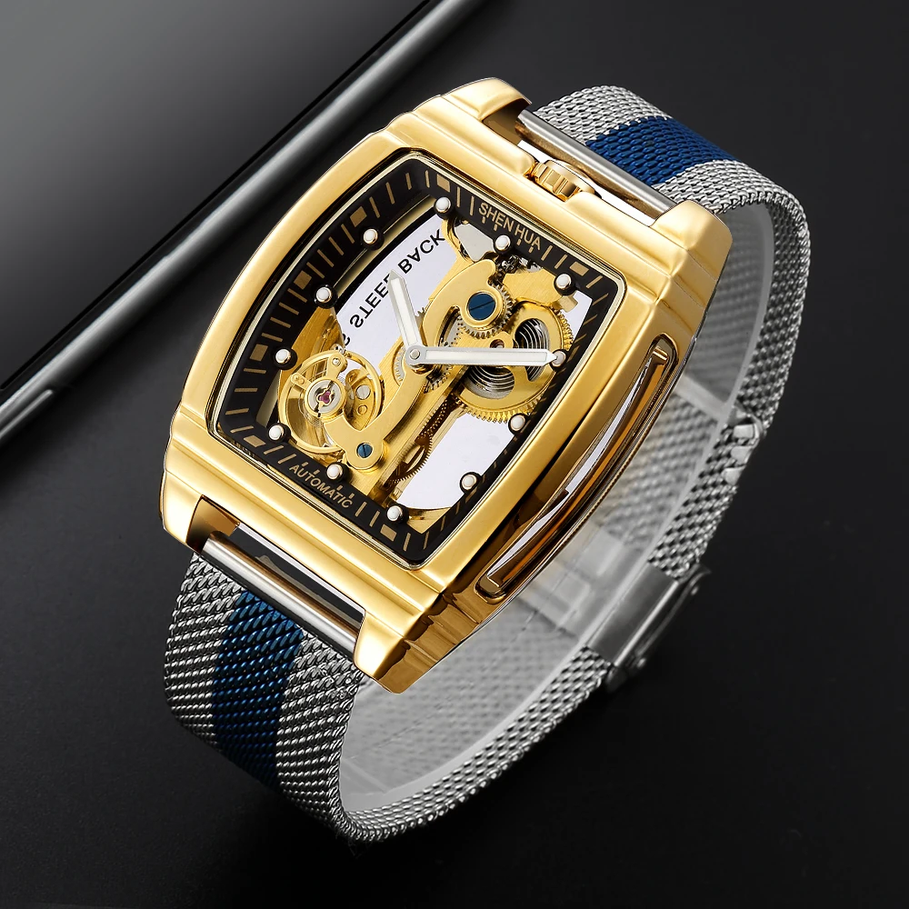 

Classic Transparent Luxury Automatic Mechanical Watches Leather Band Skeleton Tourbillion Gold Luminous Clock Relogio Masculino