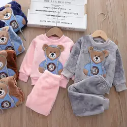 2023 Autumn Winter Boy Girl Clothes Pajamas Set Thick flannel Toddler Child Warm Cartoon Bear Sleepwear Kids Home Suit 0-5Y