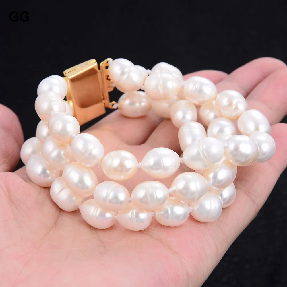 GuaiGuai Jewelry 3 Strands Natural 12MM White Rice Pearl Bracelet For Women