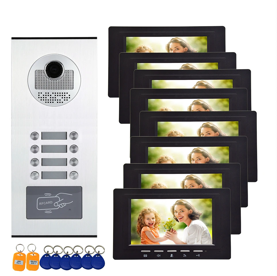 

7 Inch 8 Unists Multi-apartment Video Door Intercom System with RFID Keyfobs/Power Video Door Phone Doorbell for Apartment