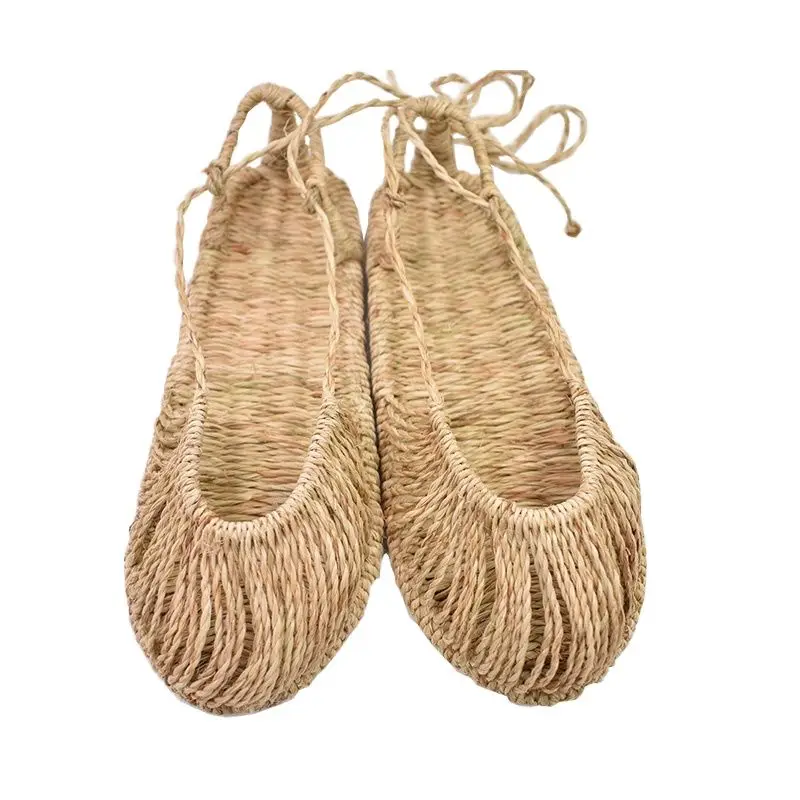 Cotton and Linen Woven Straw Shoes Women\'s Slippers 2023 Summer New Breathable Soft Bottom non-slip Baotou half drag Cosplay